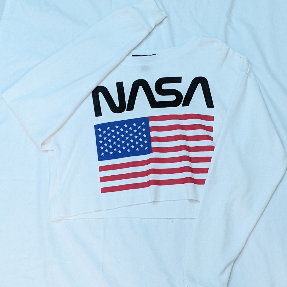 White NASA Long Sleeve Crop Top